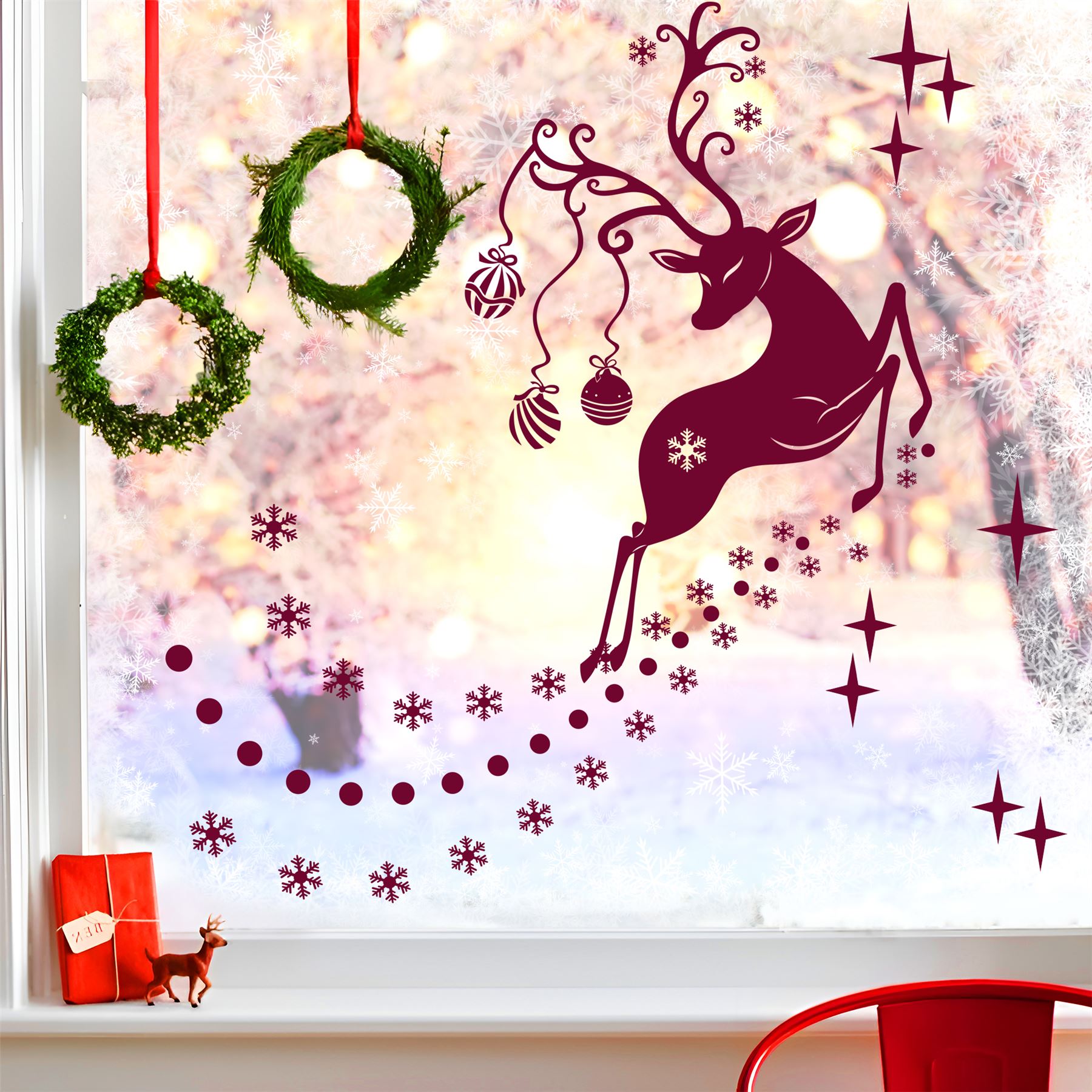 Jumbo 80cm Christmas Snow Santa Reindeer 2 Sided Window Sticker UK Vinyl Decal
