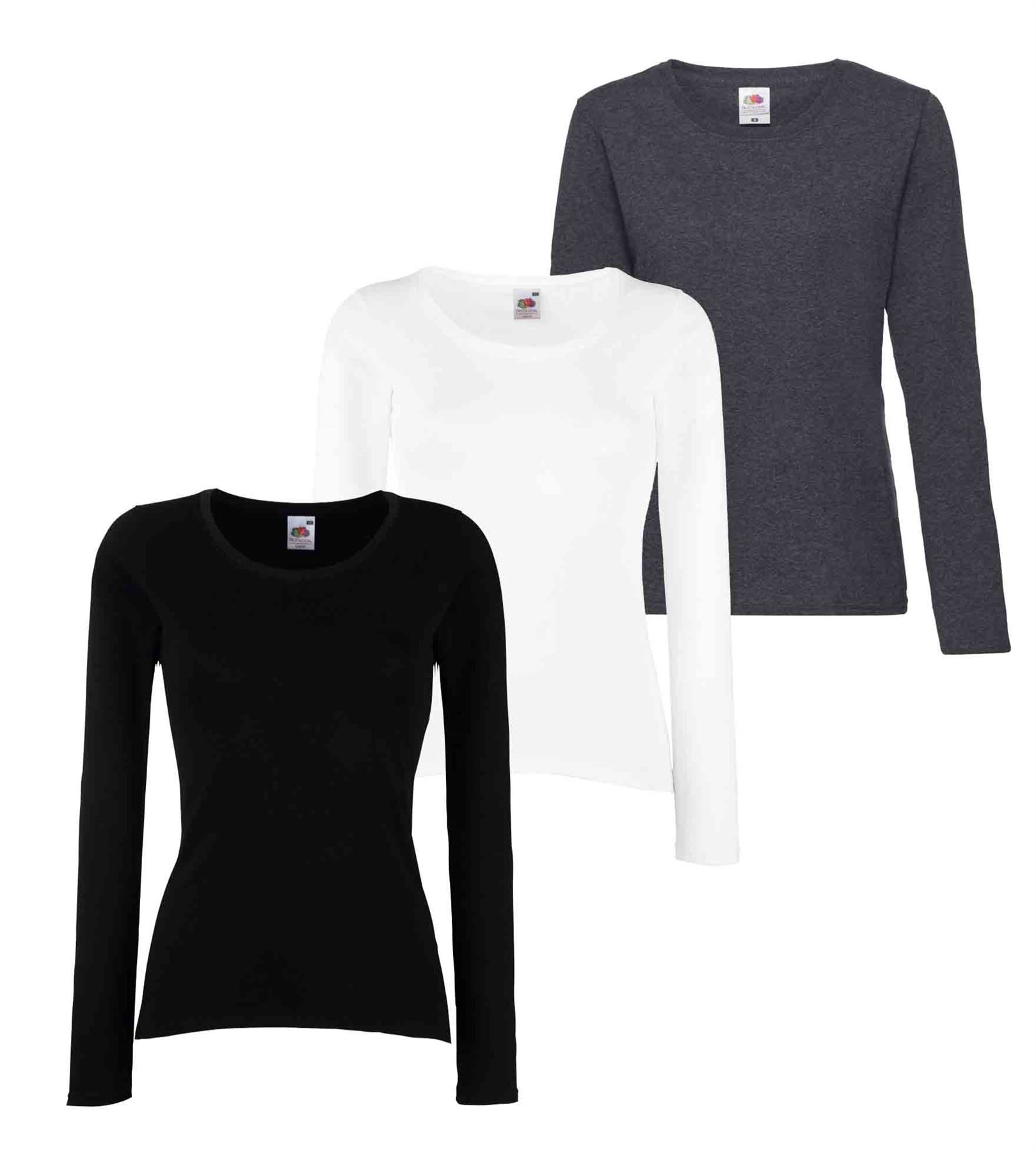 Fruit Of The Loom LADY FIT LONG SLEEVE T-SHIRT BASIC TOP PLAIN COTTON SLEEVES