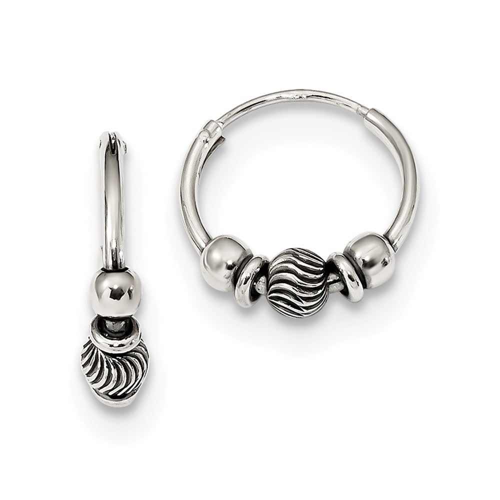 925 Sterling Silver Polished /& Antiqued Bead Hoop Earrings
