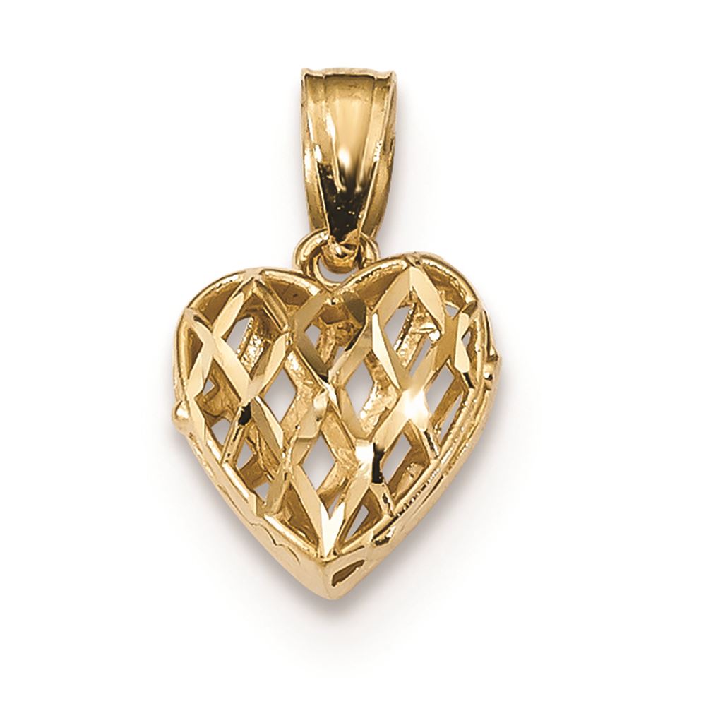 14K Yellow Gold Puffed Diamond Cut Heart Charm Pendant