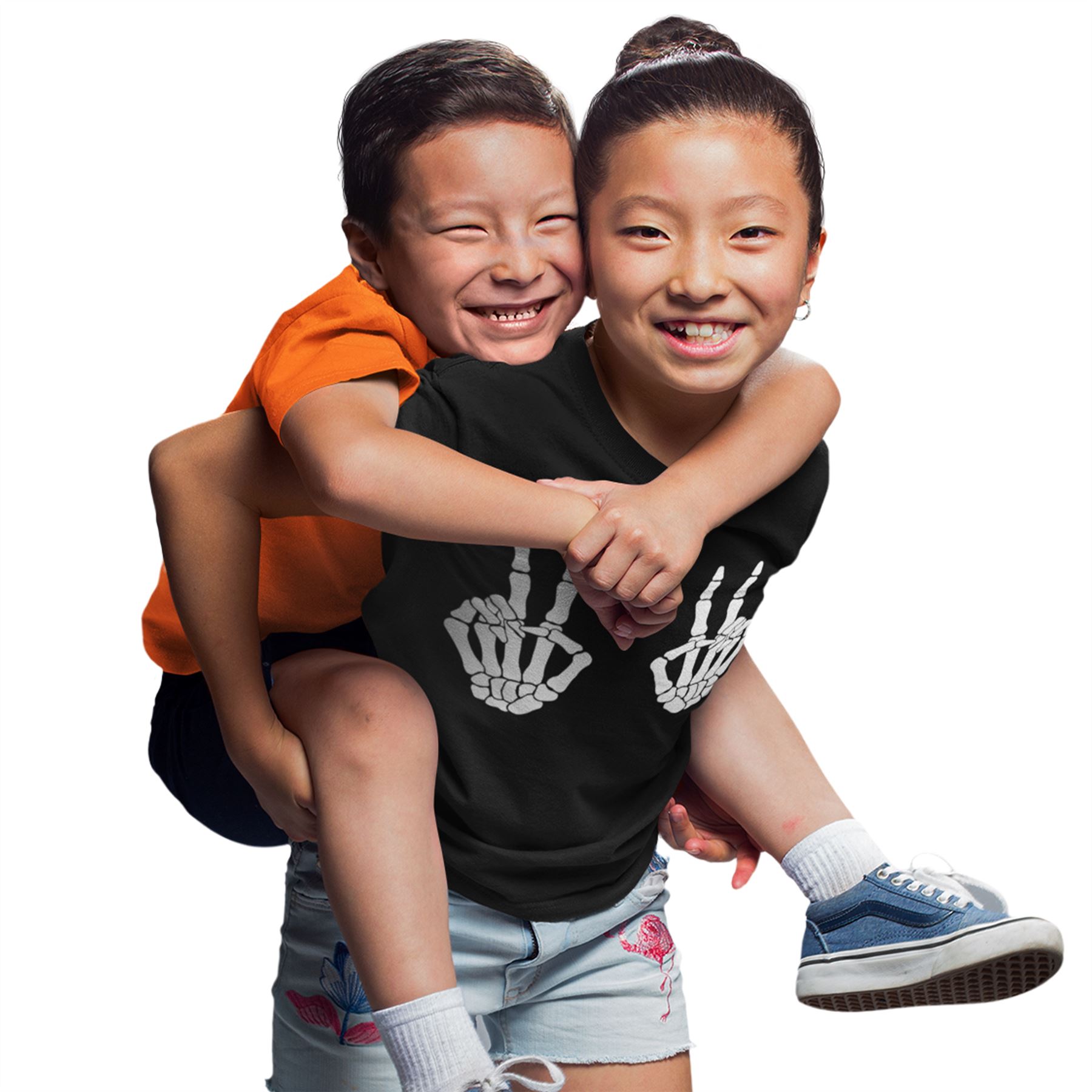 Skeleton Hands Peace Sign Halloween Shirt Kids Costume Funny Boys Girls Top - Picture 6 of 14