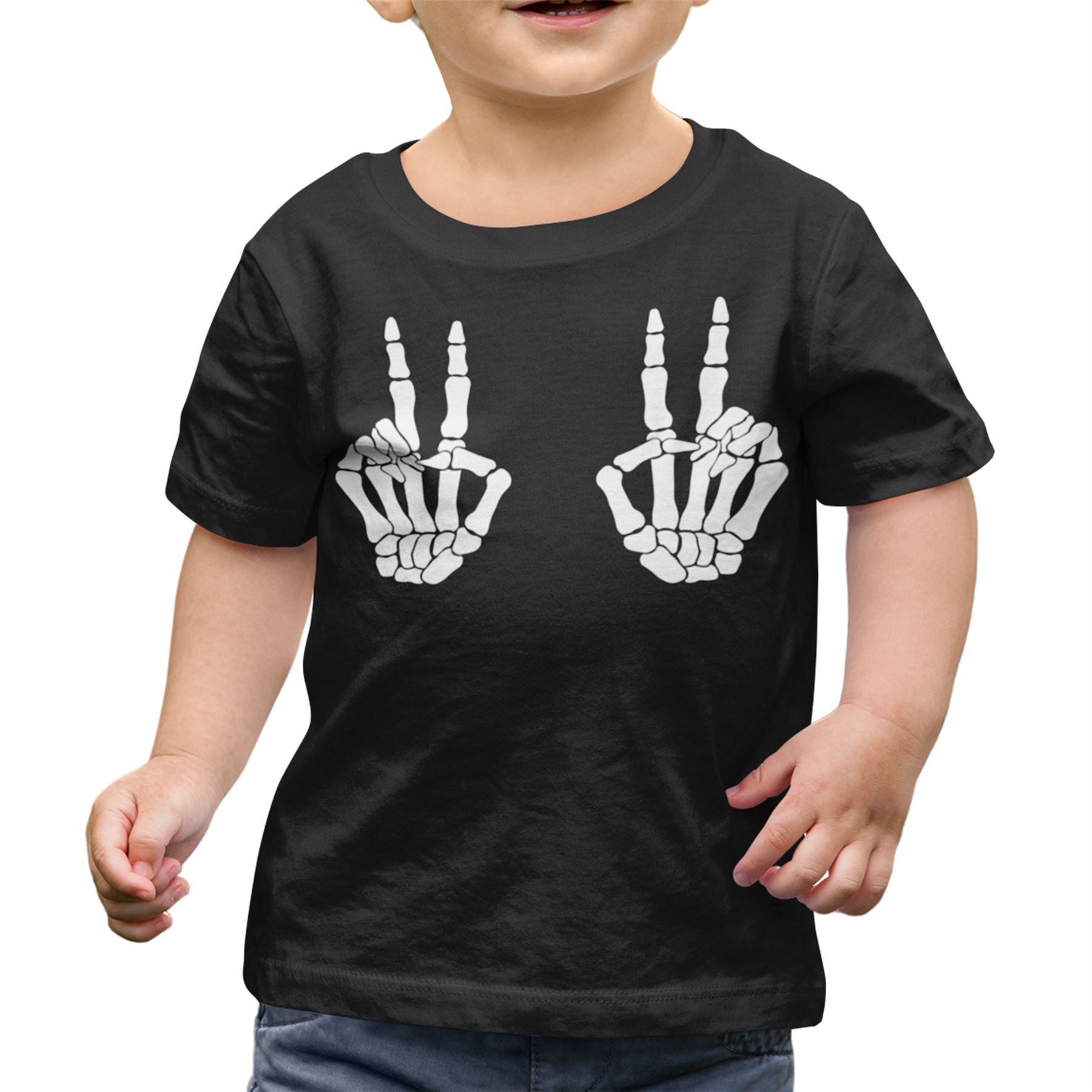 Skeleton Hands Peace Sign Halloween Shirt Kids Costume Funny Boys Girls Top - Picture 12 of 14