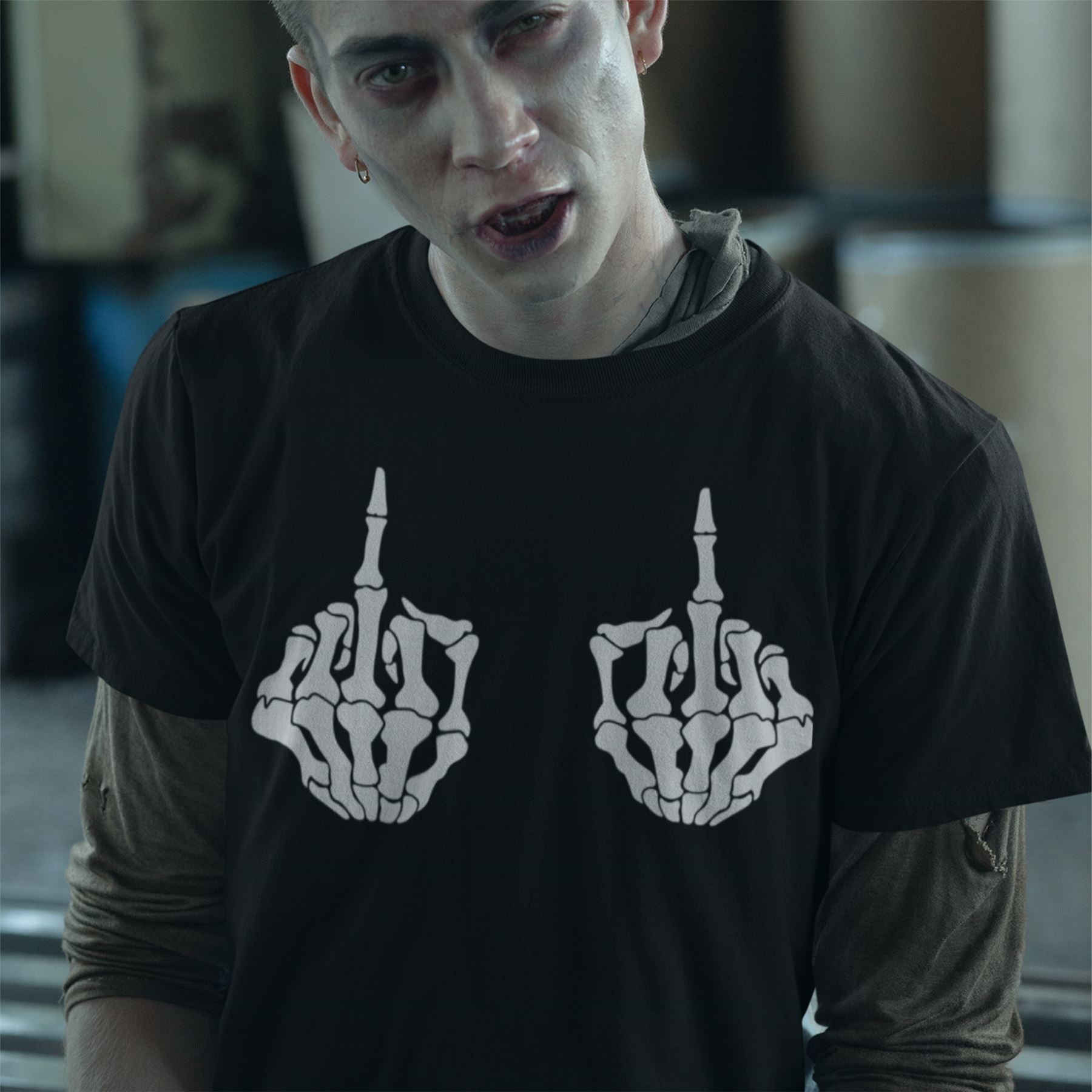 Skelett Hände Mittelfinger Halloween Shirt Herren Damen Tshirt Herbst Top Kostüm - Bild 15 von 18