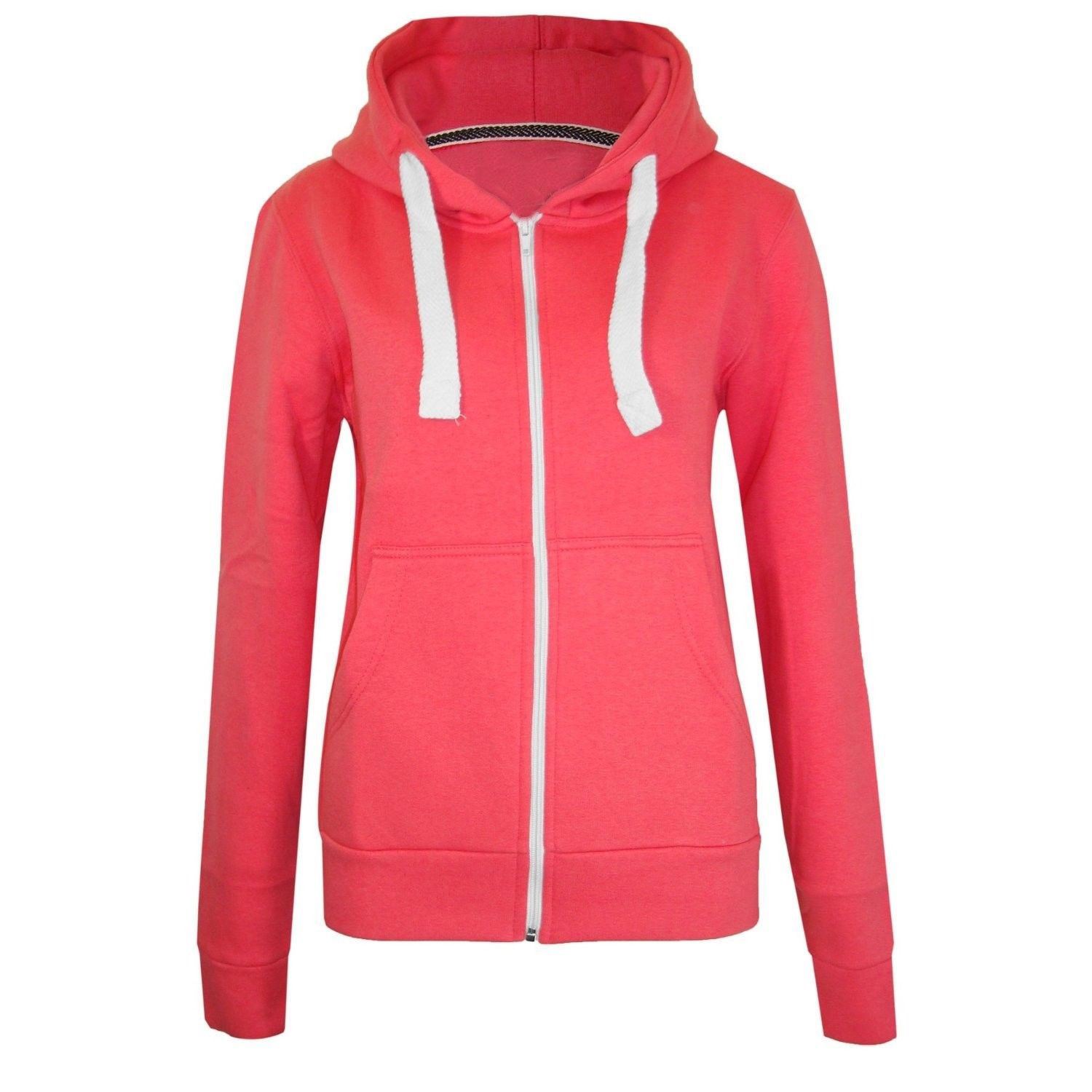 Womens Ladies Plain Hoodie Fleece Sweatshirt Hooded Coat Jumper Zip