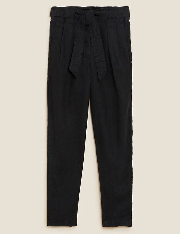 EX M&S LINEN TAPERED TROUSER PURE LINEN BELTED SUMMER PANT HOLIDAY LADIES - Picture 5 of 7