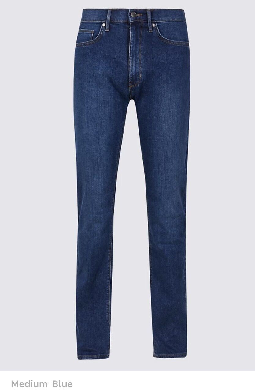 MENS M&S STRAIGHT FIT JEAN COTTON RICH DENIM BLUE PANT TROUSER STRETCH SIZES 551 - Picture 3 of 4