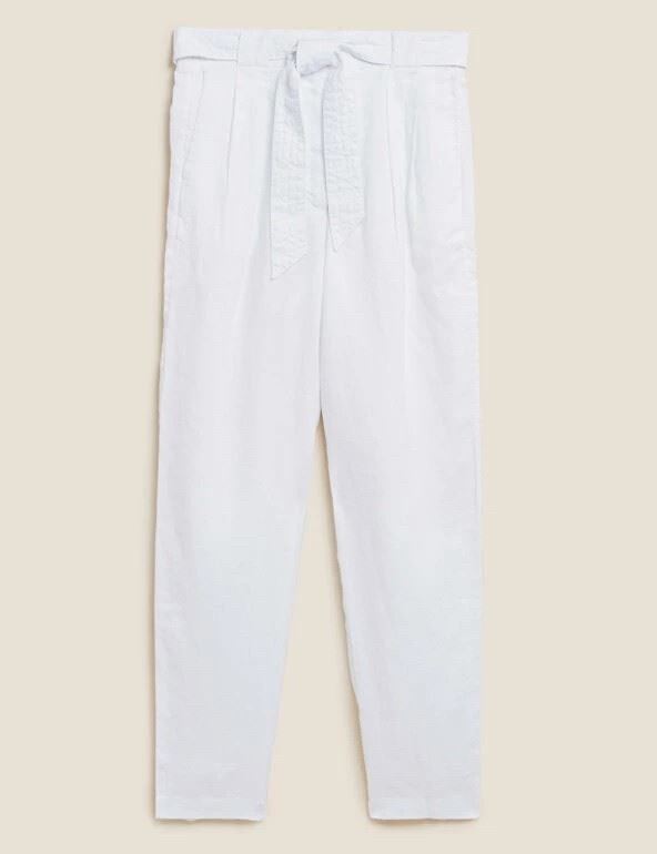 EX M&S LINEN TAPERED TROUSER PURE LINEN BELTED SUMMER PANT HOLIDAY LADIES - Picture 7 of 7
