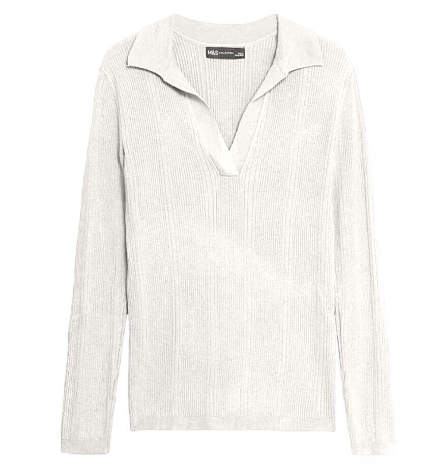 EX M&S Top Jumper Blouse Ribbed Collared V Neck Ladies Knitted Long Sleeve Knit - Picture 10 of 11