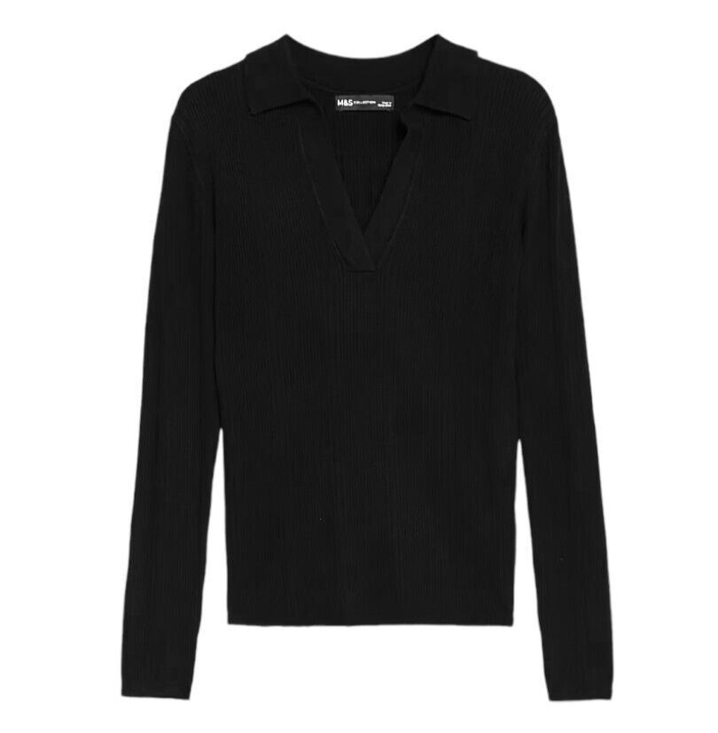EX M&S Top Jumper Blouse Ribbed Collared V Neck Ladies Knitted Long Sleeve Knit - Picture 8 of 11