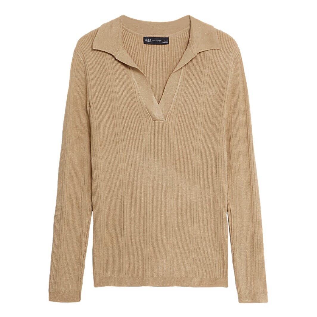EX M&S Top Jumper Blouse Ribbed Collared V Neck Ladies Knitted Long Sleeve Knit - Picture 9 of 11