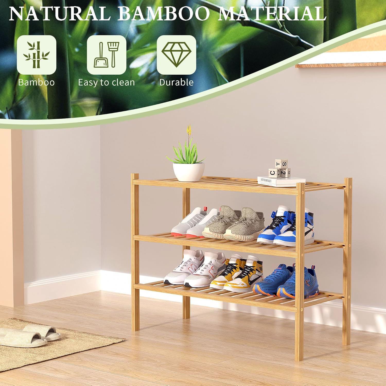 2/3 TIER BAMBOO SHOE FOOTWEAR RACK ORGANISER WOODEN STORAGE SHELVES STAND SHELF - Picture 12 of 14