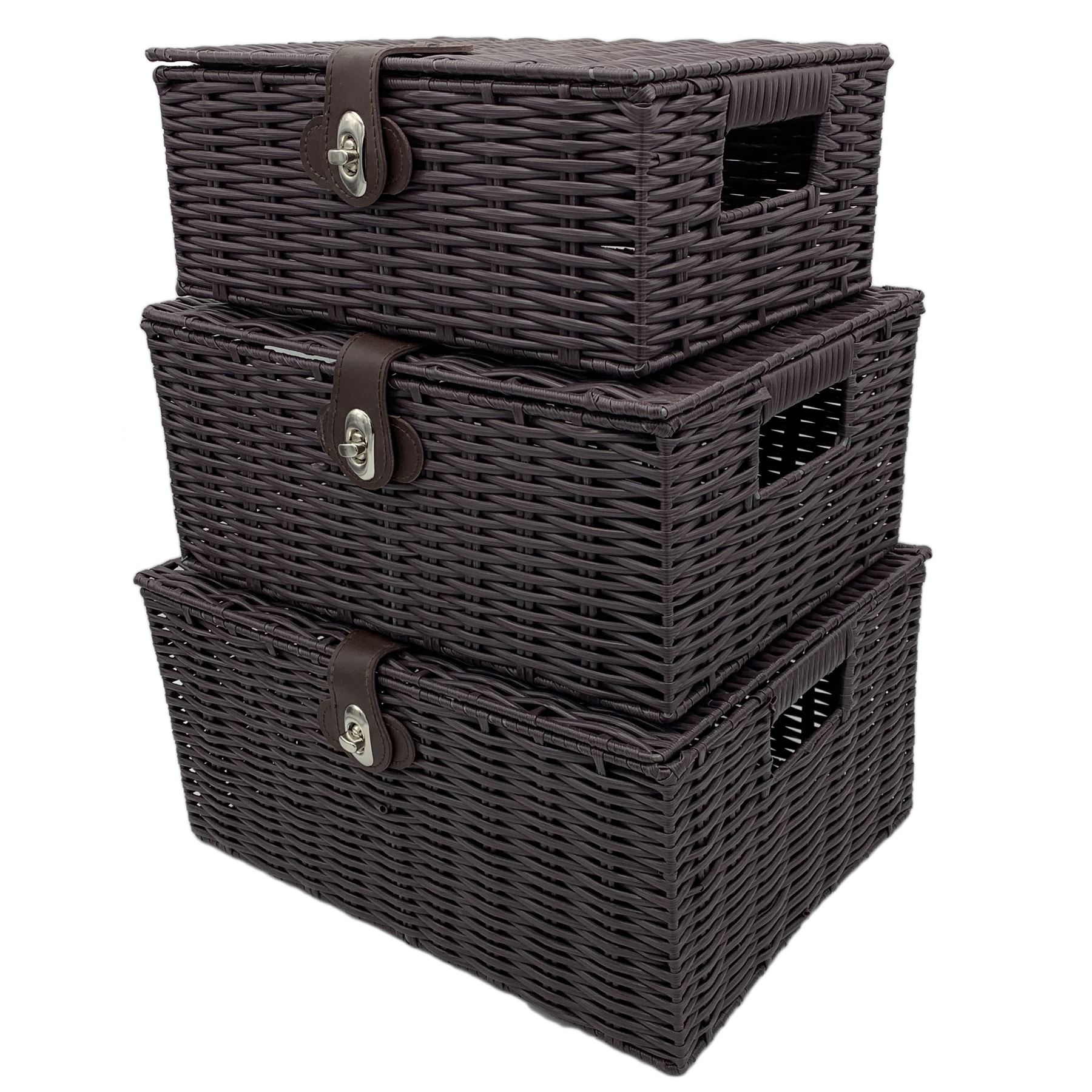 SET OF 3 RESIN WOVEN WICKER XMAS HAMPER BASKET STORAGE BOX WITH LID /& LOCK HOME
