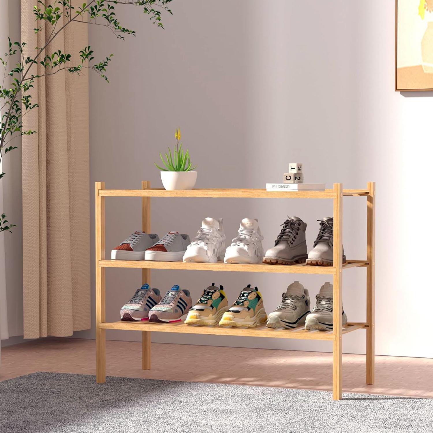 2/3 TIER BAMBOO SHOE FOOTWEAR RACK ORGANISER WOODEN STORAGE SHELVES STAND SHELF - Picture 14 of 14