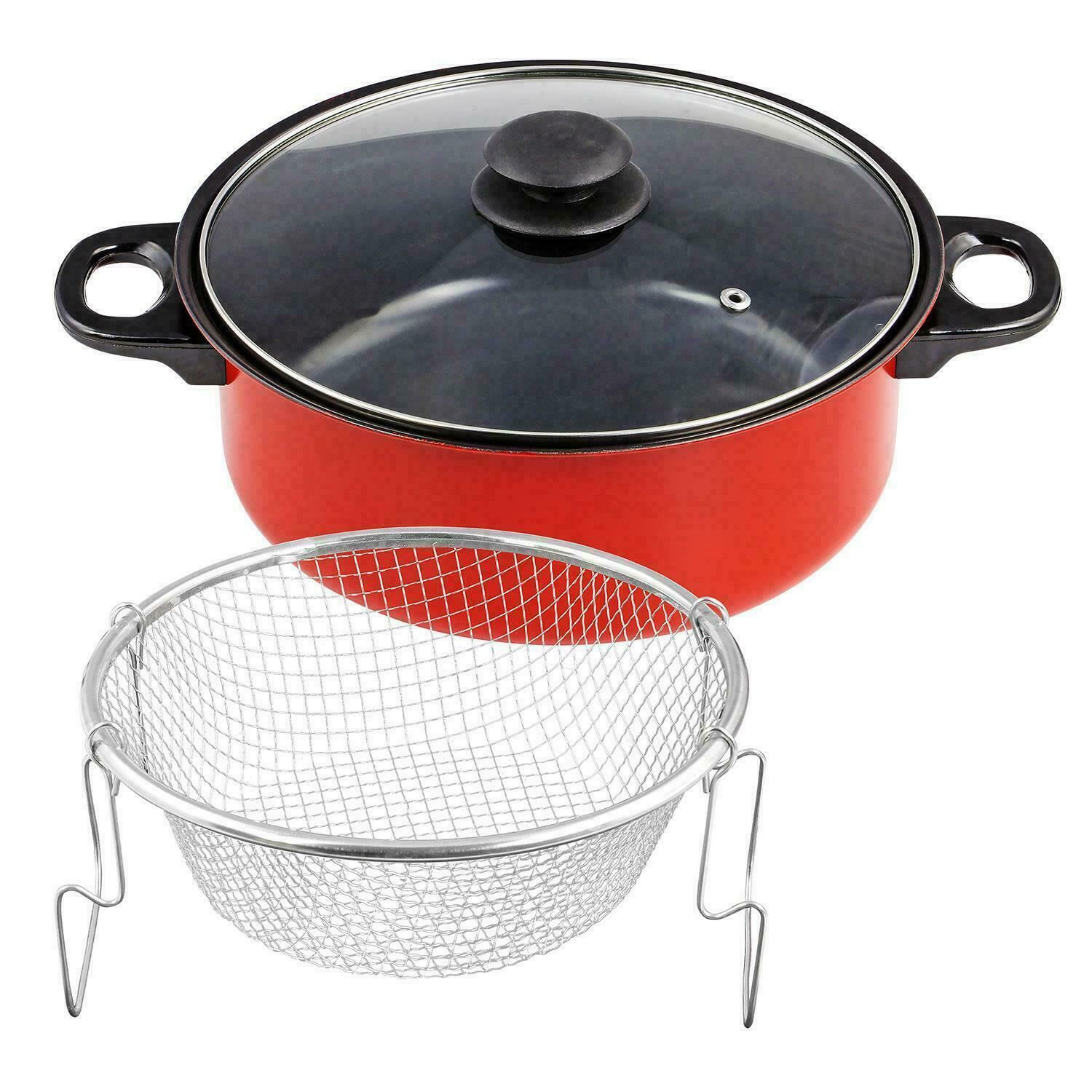 23cm Chip Pan Deep Fat Fryer Cooking Pot Frying Basket With Glass Lid