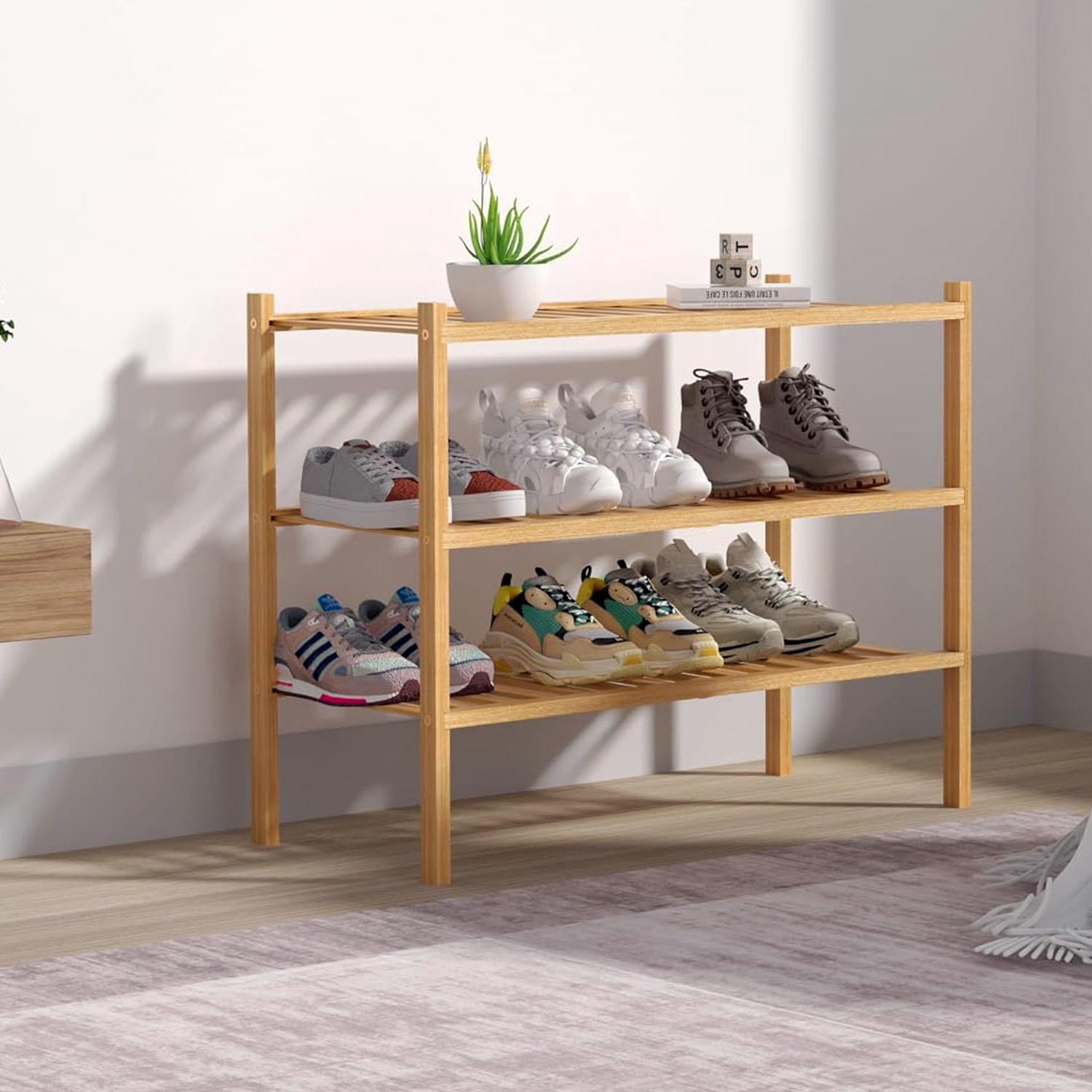 2/3 TIER BAMBOO SHOE FOOTWEAR RACK ORGANISER WOODEN STORAGE SHELVES STAND SHELF - Picture 8 of 14