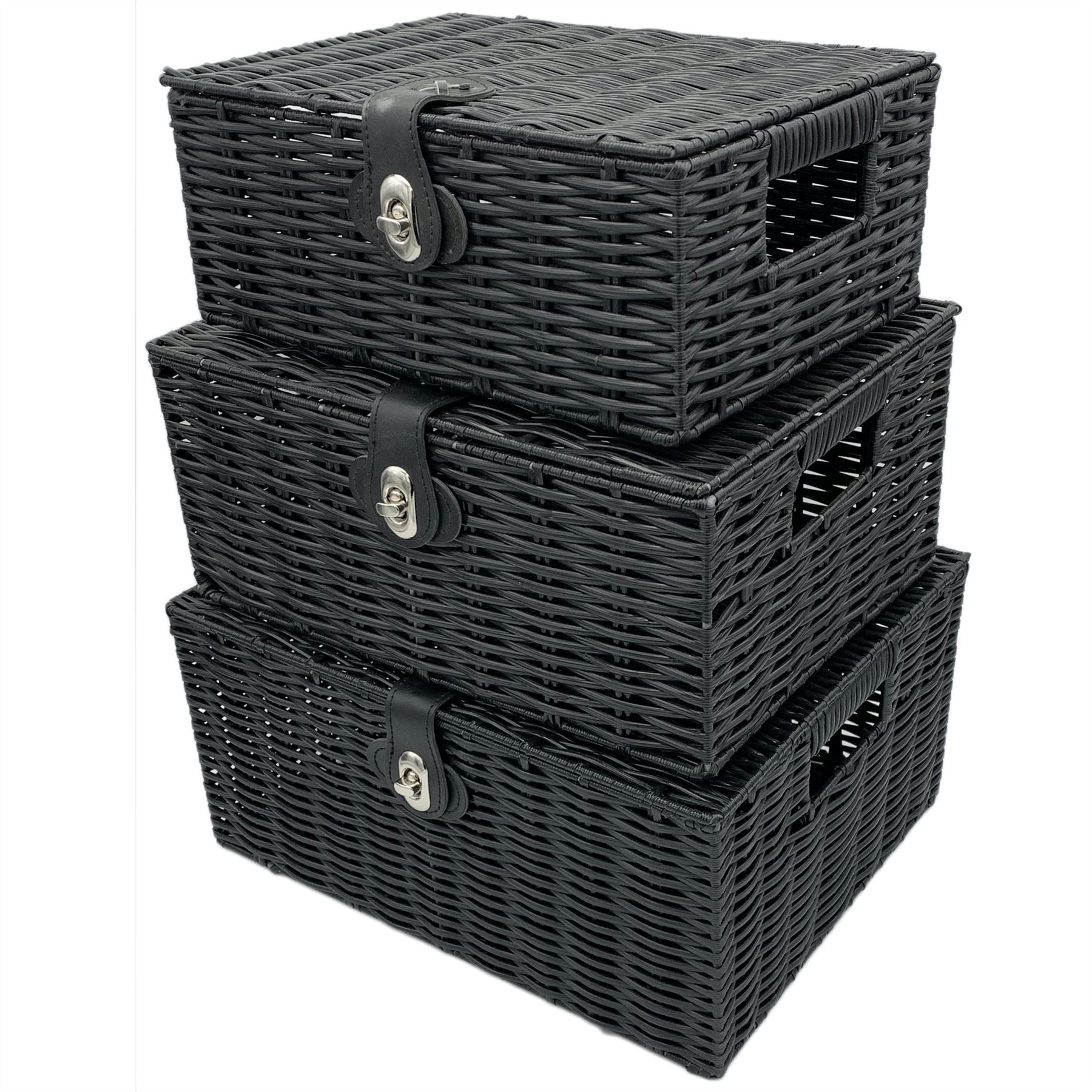SET OF 3 RESIN WOVEN WICKER XMAS HAMPER BASKET STORAGE BOX WITH LID /& LOCK HOME