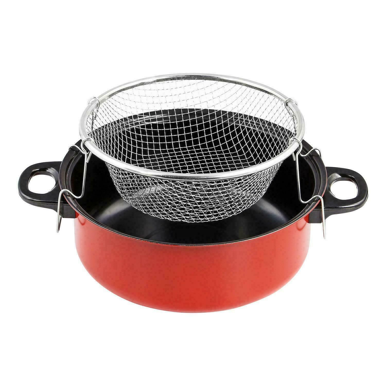 23cm Chip Pan Deep Fat Fryer Cooking Pot Frying Basket With Glass Lid