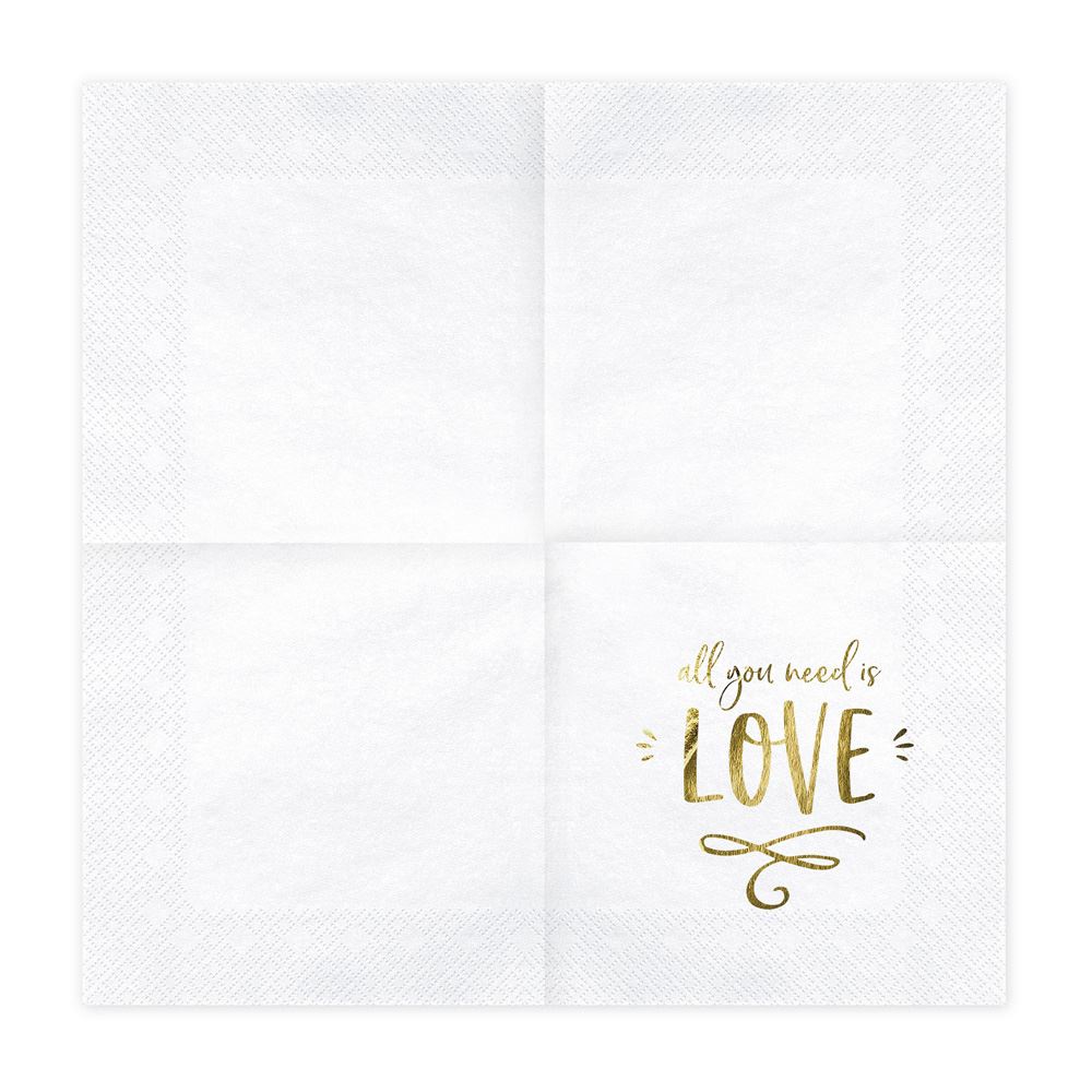 20 Gold Love Paper Napkins, Gold Wedding Napkins, Wedding Tableware