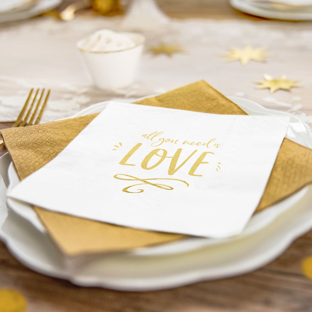 20 Gold Love Paper Napkins, Gold Wedding Napkins, Wedding Tableware