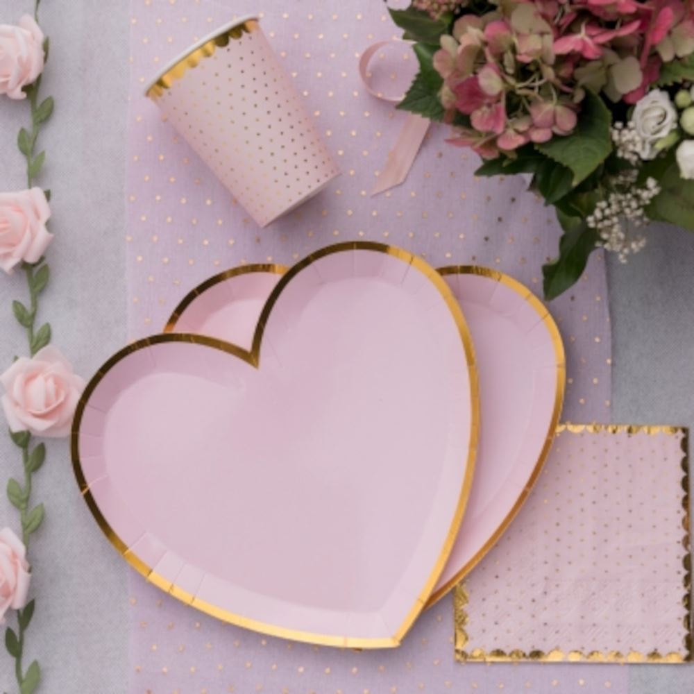 10 Pink Heart Paper Plates, Gold Foiled Paper Plates, Girls Birthday