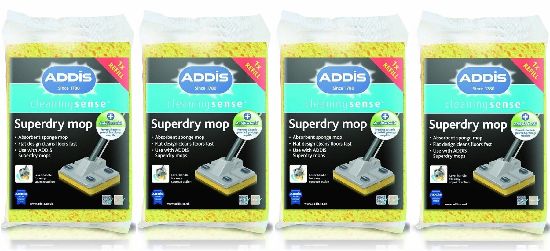 4 x Addis Superdry Mop Refill Anti Bacterial Cleaning Sponge Mop Head