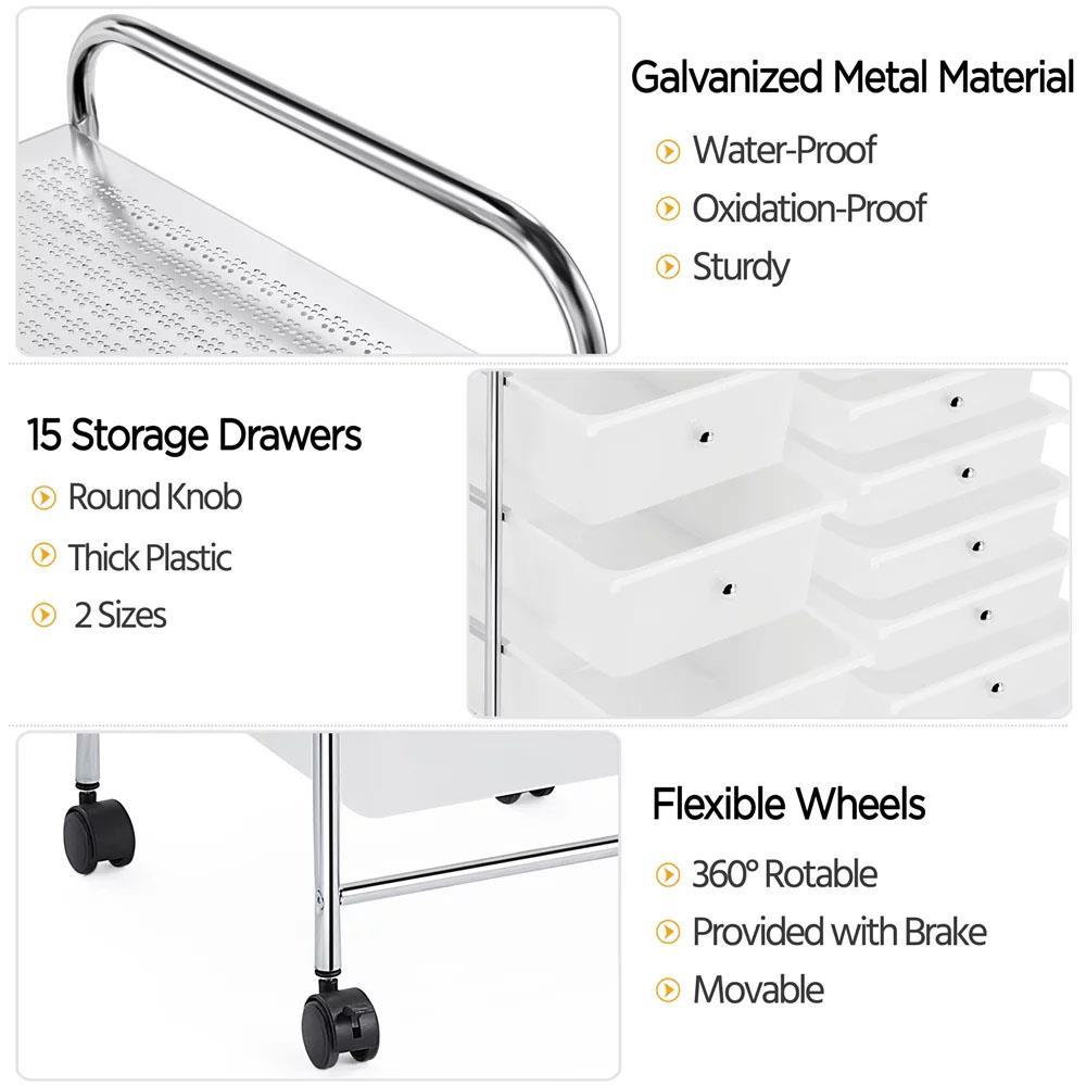 15 Drawers Storage Trolley Mobile Rolling Utility Cart Office Organizer - Picture 15 of 16