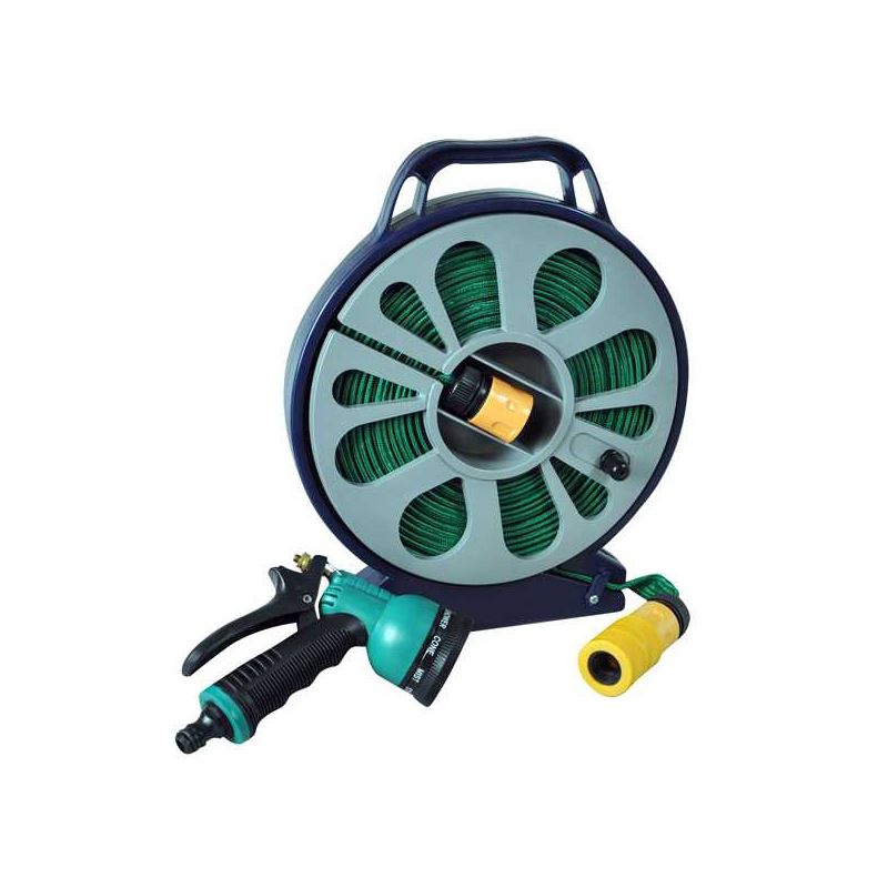 50ft 15m Flat Hose Pipe & Reel with 7 Function Spray Gun Garden Outdoor