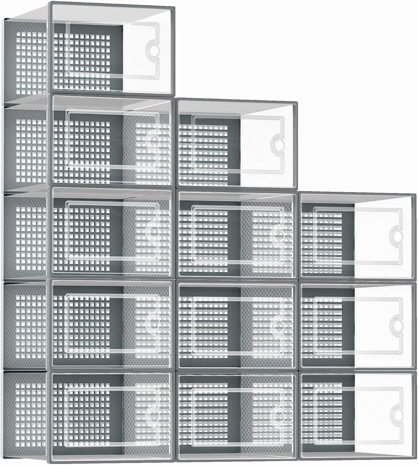 12 PK TRANSPARENT CLEAR SHOE STORAGE BOX RACK PLASTIC ORGANISER BOXES STACKABLE - Picture 8 of 19