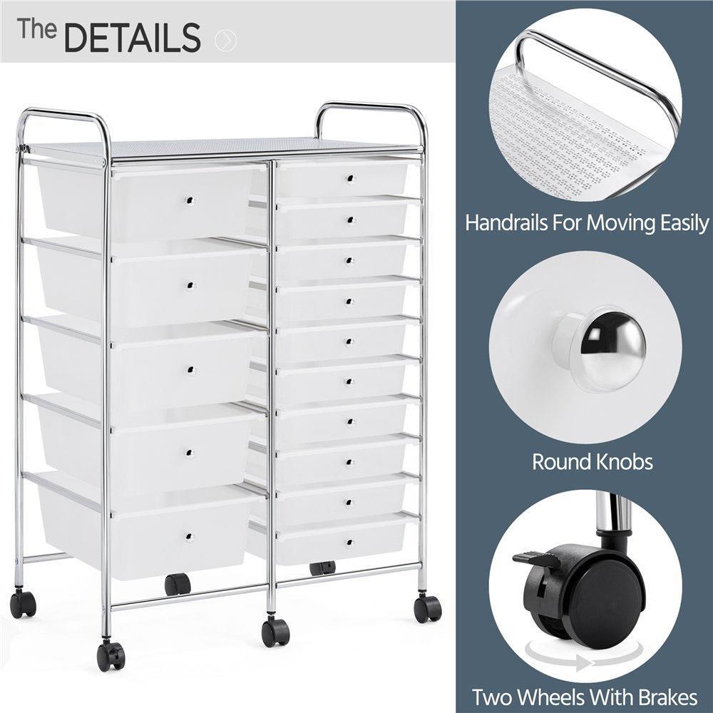 15 Drawers Storage Trolley Mobile Rolling Utility Cart Office Organizer - Picture 14 of 16