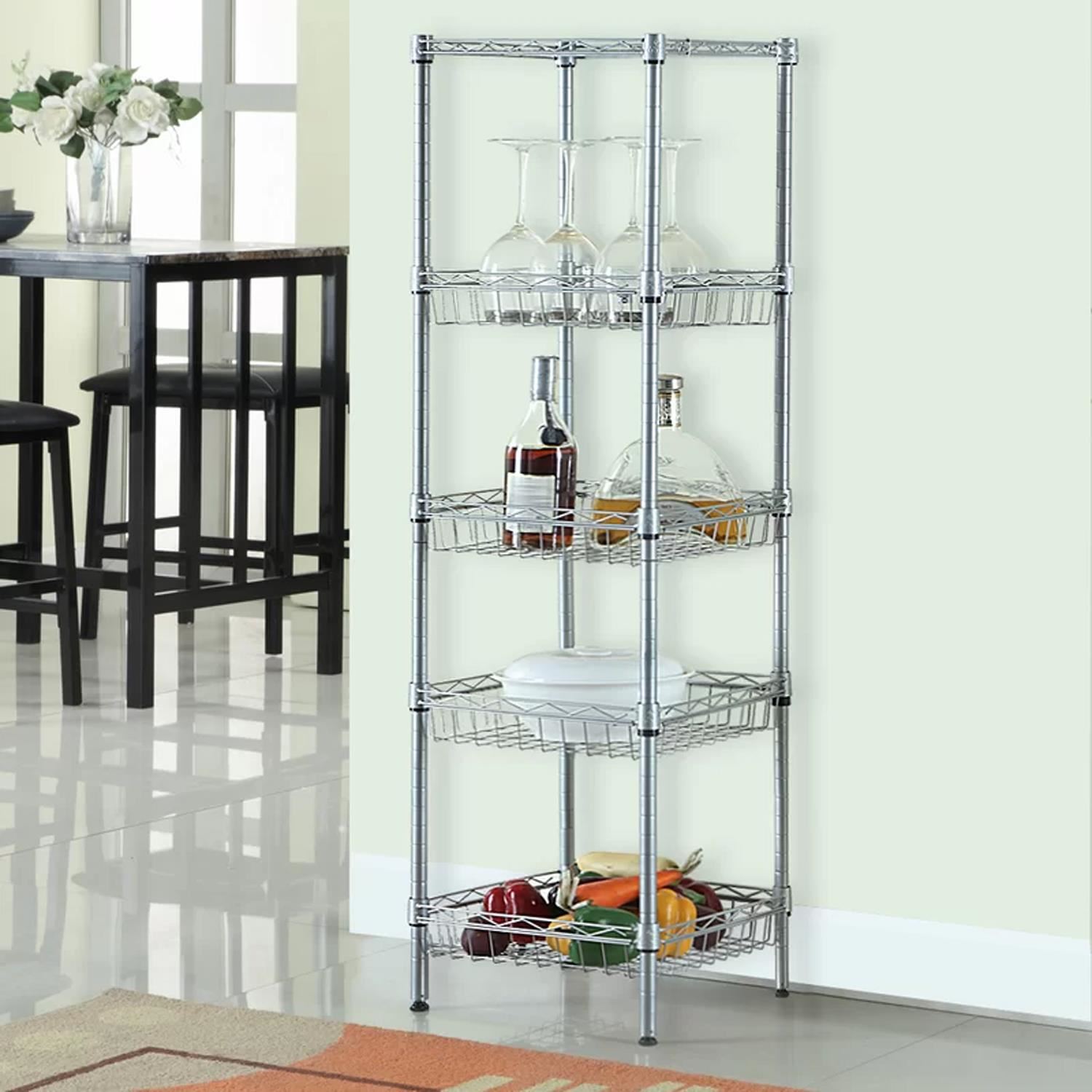 5 Tier Free Standing Adjustable Basket Wire Storage Shelving Rack