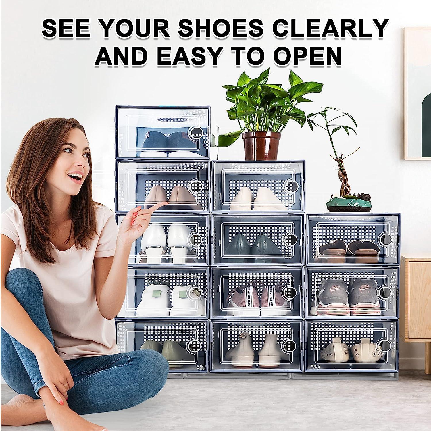 12 PK TRANSPARENT CLEAR SHOE STORAGE BOX RACK PLASTIC ORGANISER BOXES STACKABLE - Picture 12 of 19