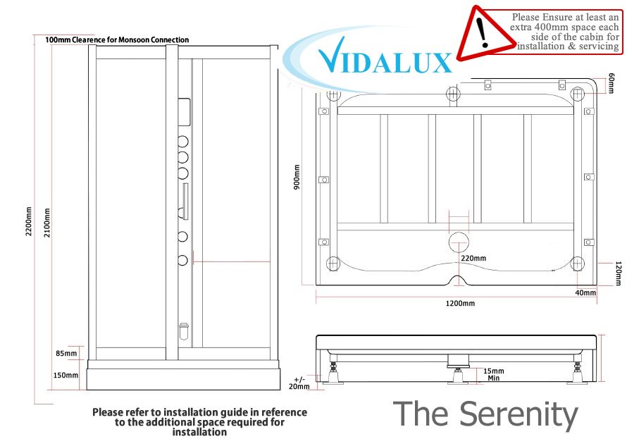 Steam Shower Cabin Enclosure Vidalux Serenity 1200 x 900 NO SILICONE NO