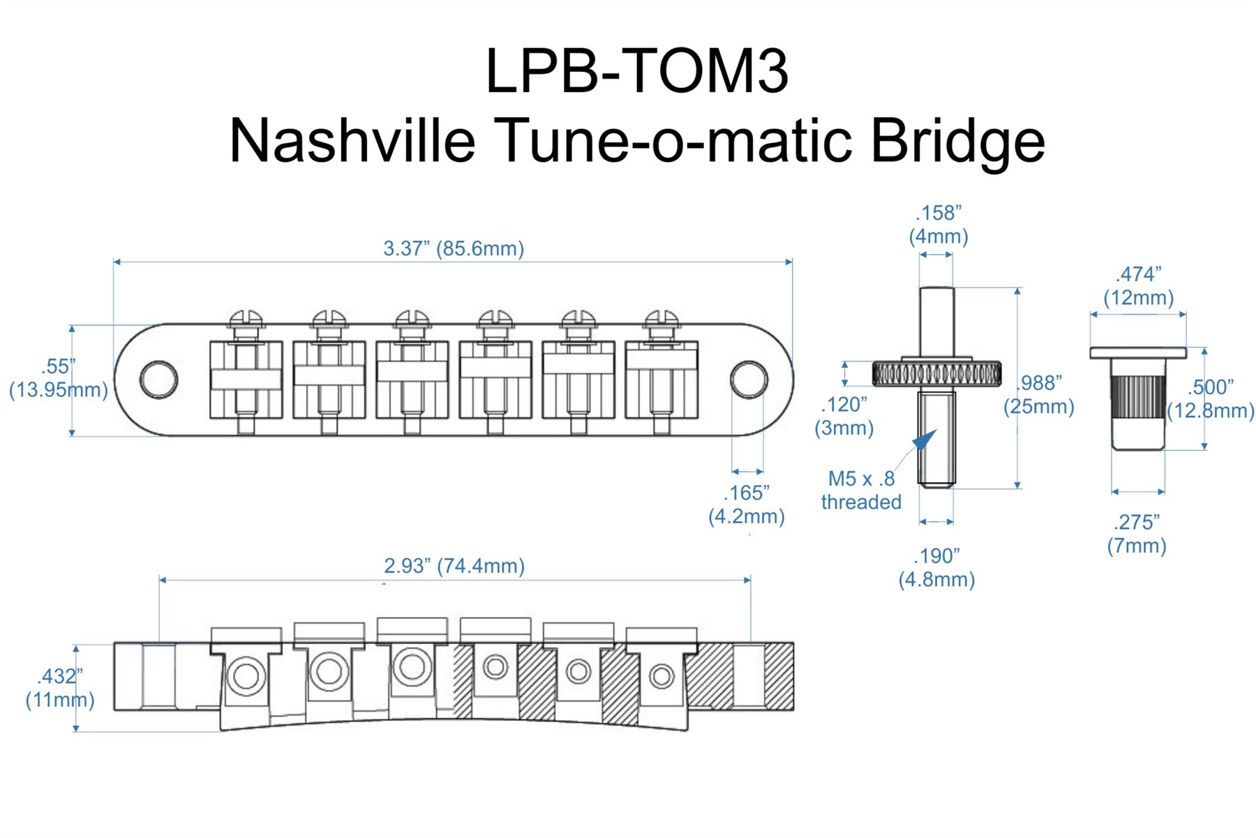 Tune o Matic TOM Nashville bridge m5 posts for US Gibson guitars - Picture 5 of 7