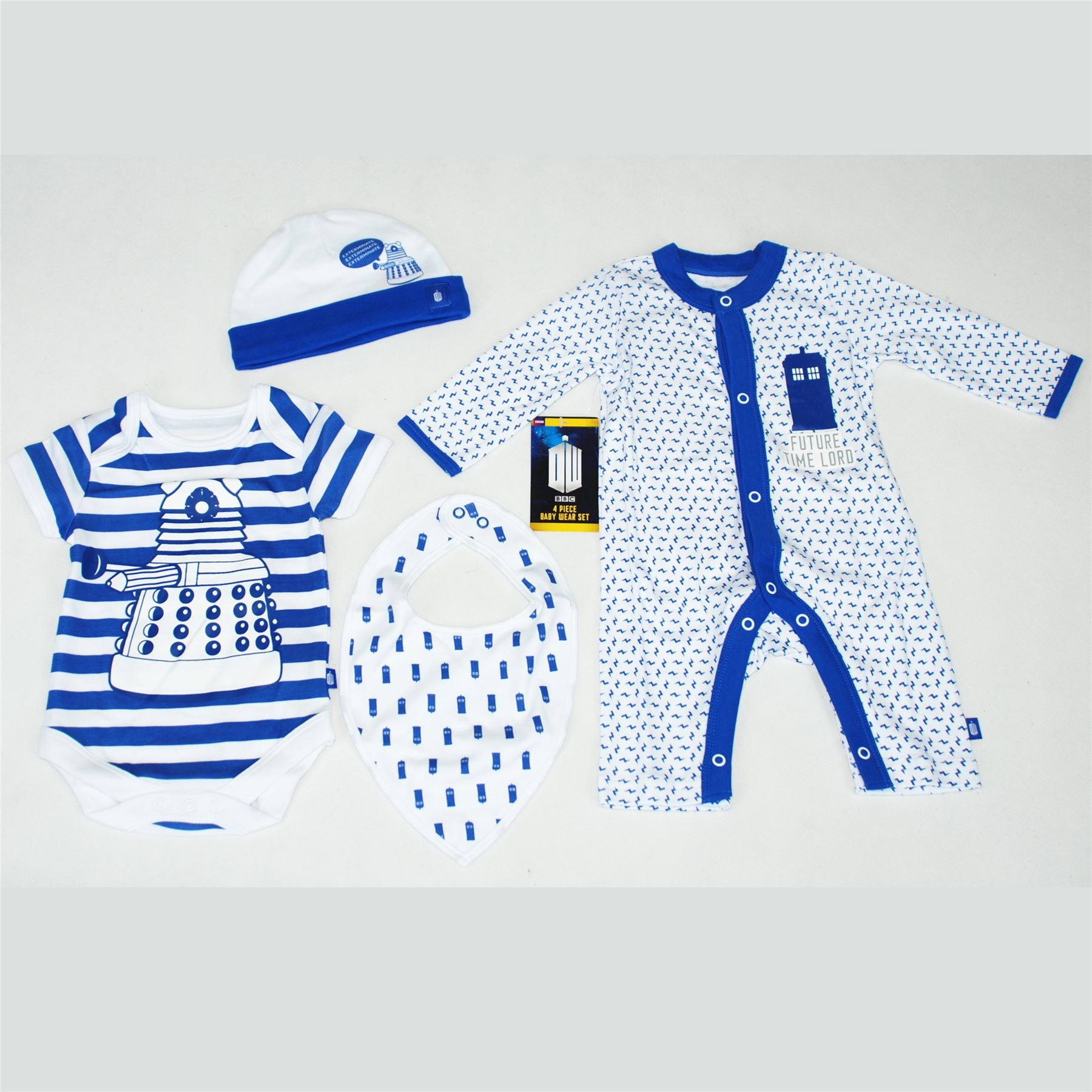 4 Piece Set BBC Official Merchandise DOCTOR WHO DW Boys Kids Children 4 Piece Starter Set Hat Bib Bodysuit Baby Grow 100/% Cotton