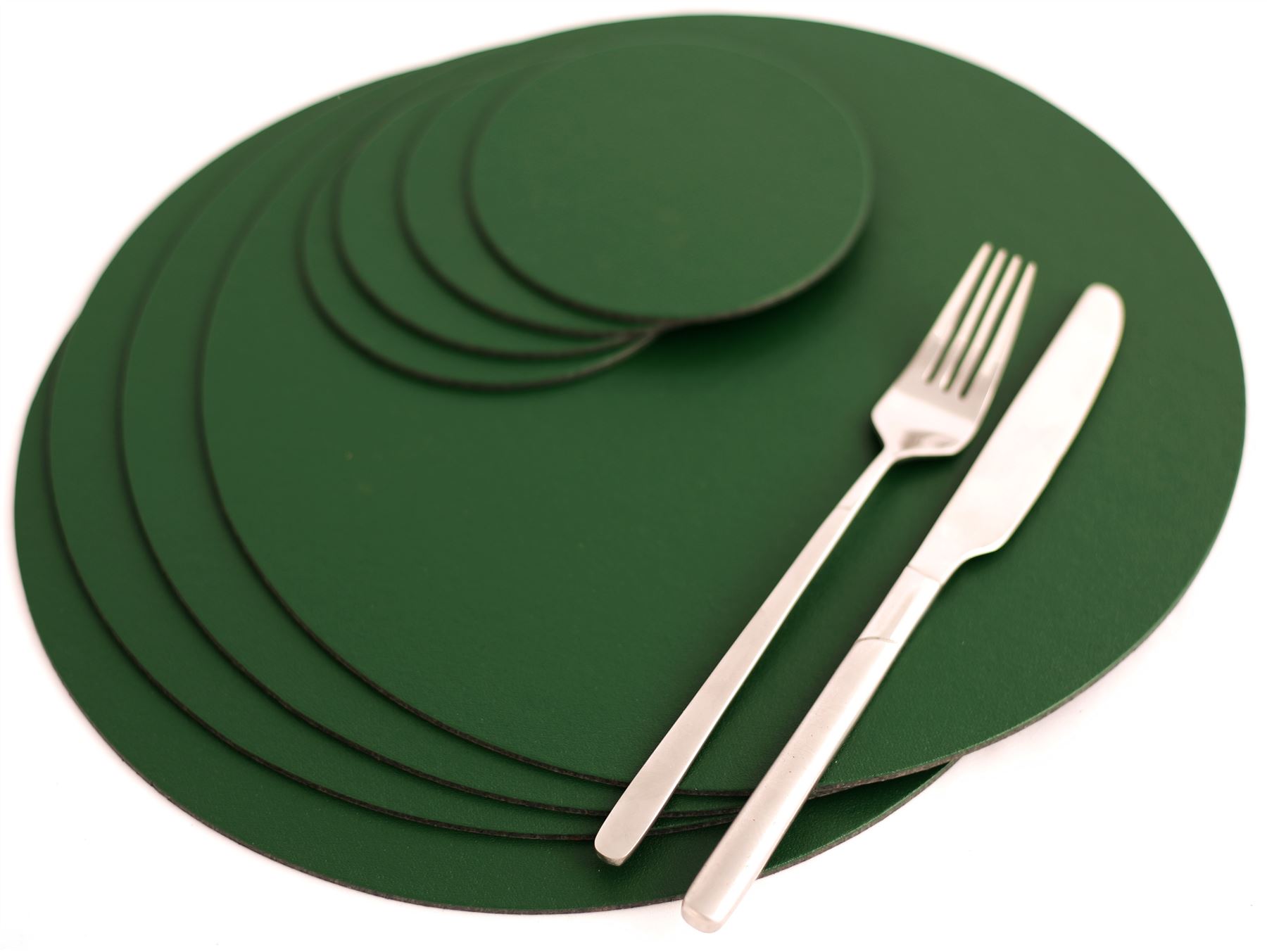 Set of 4 Racing Green Elementary Round Leatherboard Placemats and 4