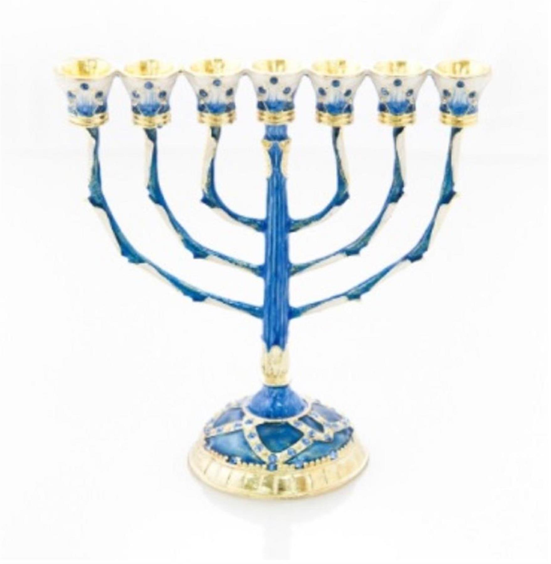 Decorated 7 Branch Menorah Enamel Gold Plated lamp judaica best deluxe gift box - Picture 3 of 17