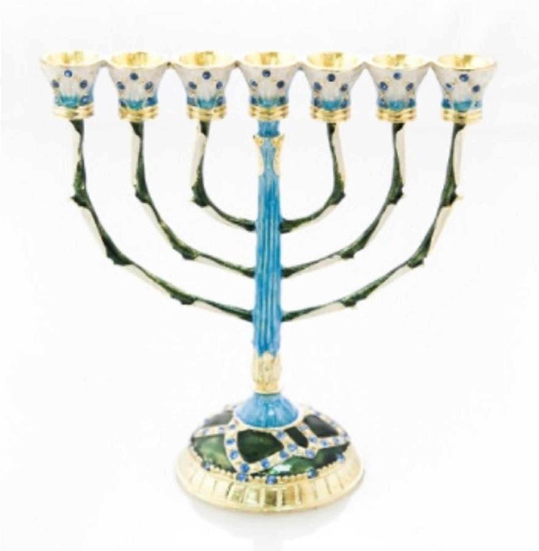 Decorated 7 Branch Menorah Enamel Gold Plated lamp judaica best deluxe gift box - Picture 15 of 17