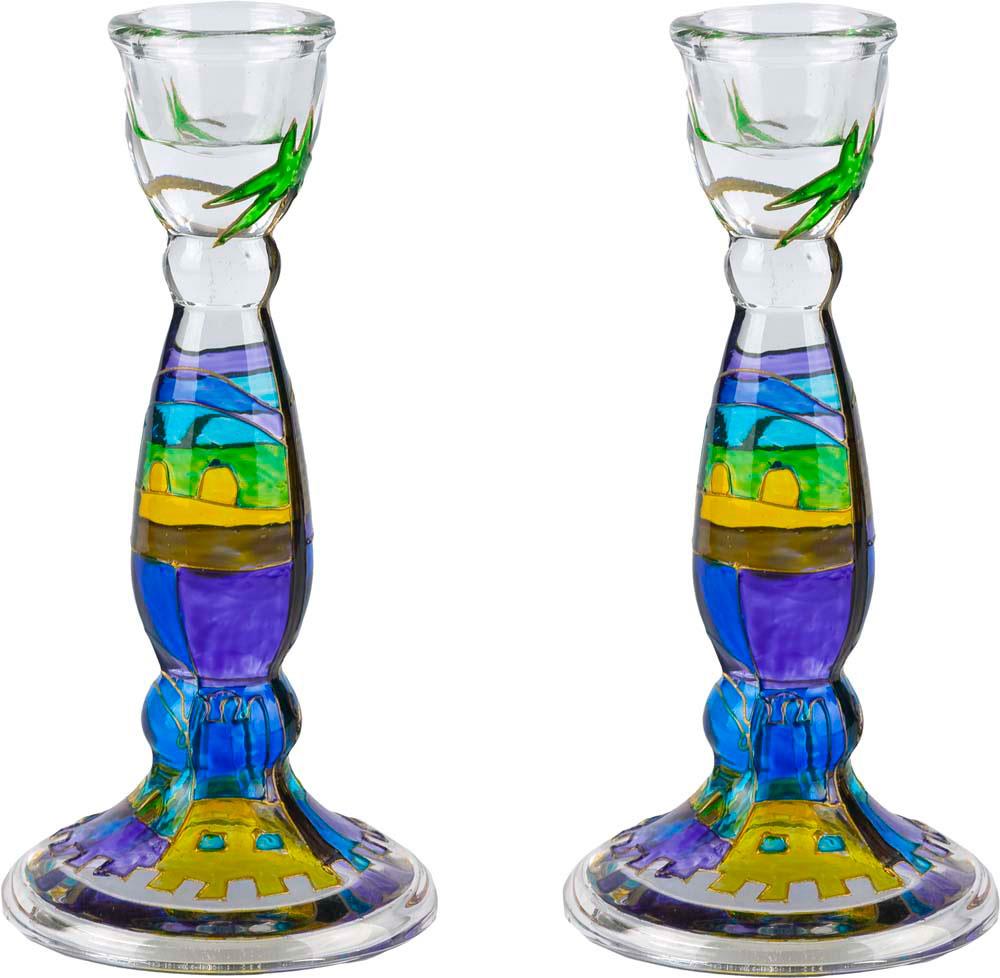 Luxus Glas Schabbat Kerzenständer Set Handmalerei Jerusalem Ansicht jüdischer Feiertag - Bild 3 von 4
