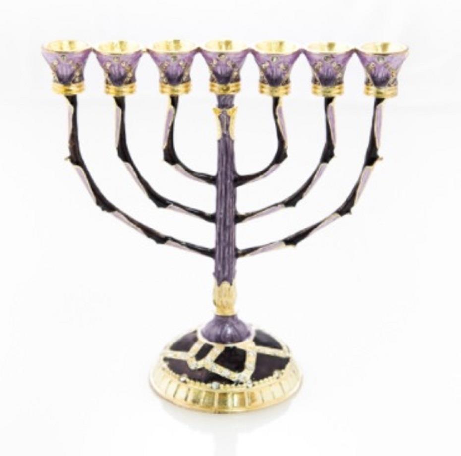 Decorated 7 Branch Menorah Enamel Gold Plated lamp judaica best deluxe gift box - Picture 6 of 17