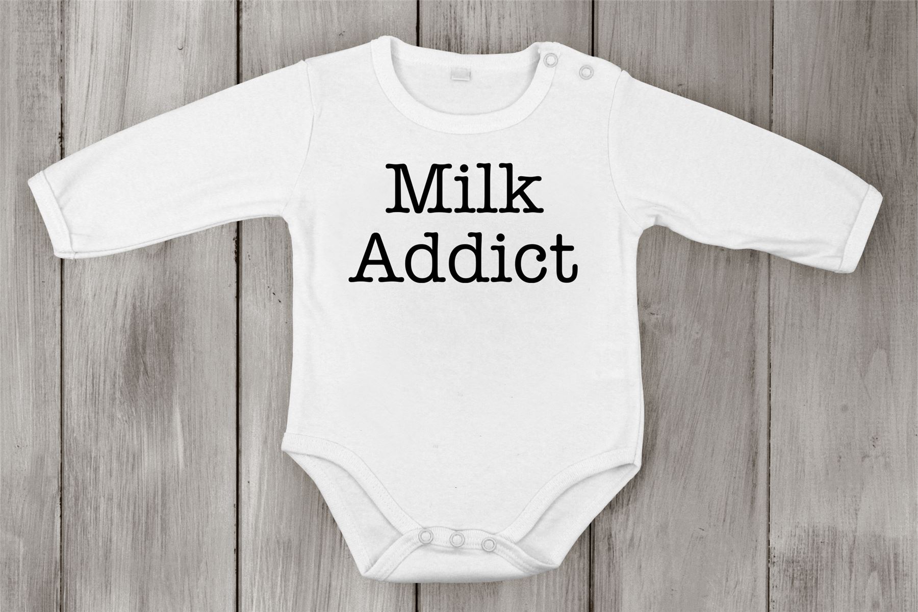 Babygrow milk addict text Bodysuit Romper Newborn infant special Shower gift - Picture 3 of 5