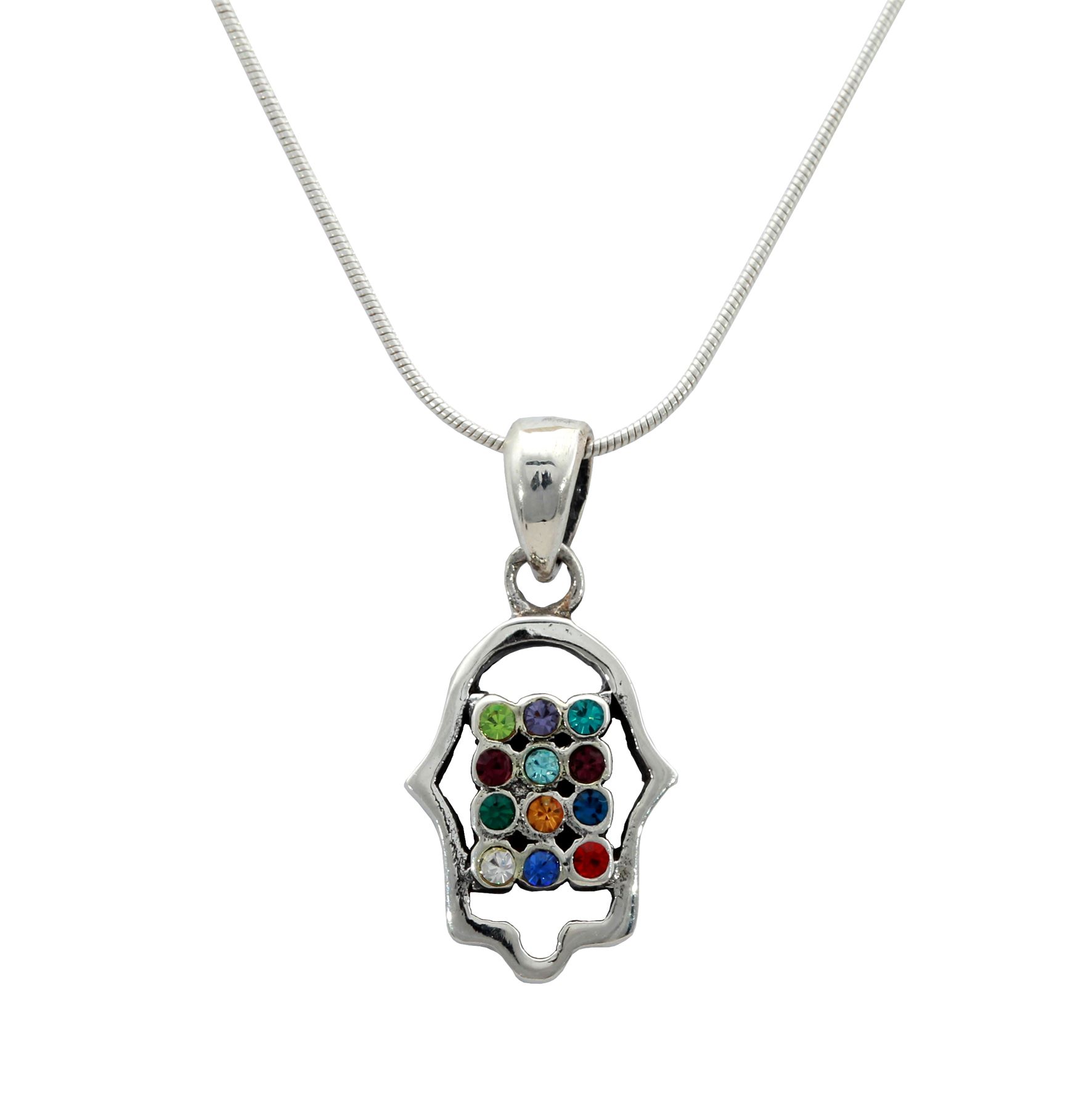 925 Silver Hamsa Hand Of God Hoshen Charm Necklaces 12 Tribes Holyland Gift (7806083768768)