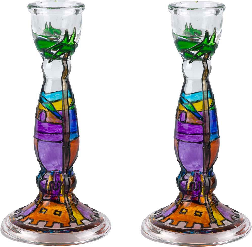 Luxus Glas Schabbat Kerzenständer Set Handmalerei Jerusalem Ansicht jüdischer Feiertag - Bild 4 von 4