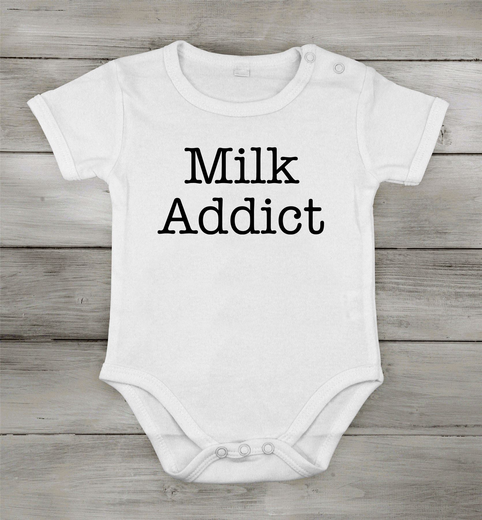 Babygrow milk addict text Bodysuit Romper Newborn infant special Shower gift - Picture 5 of 5