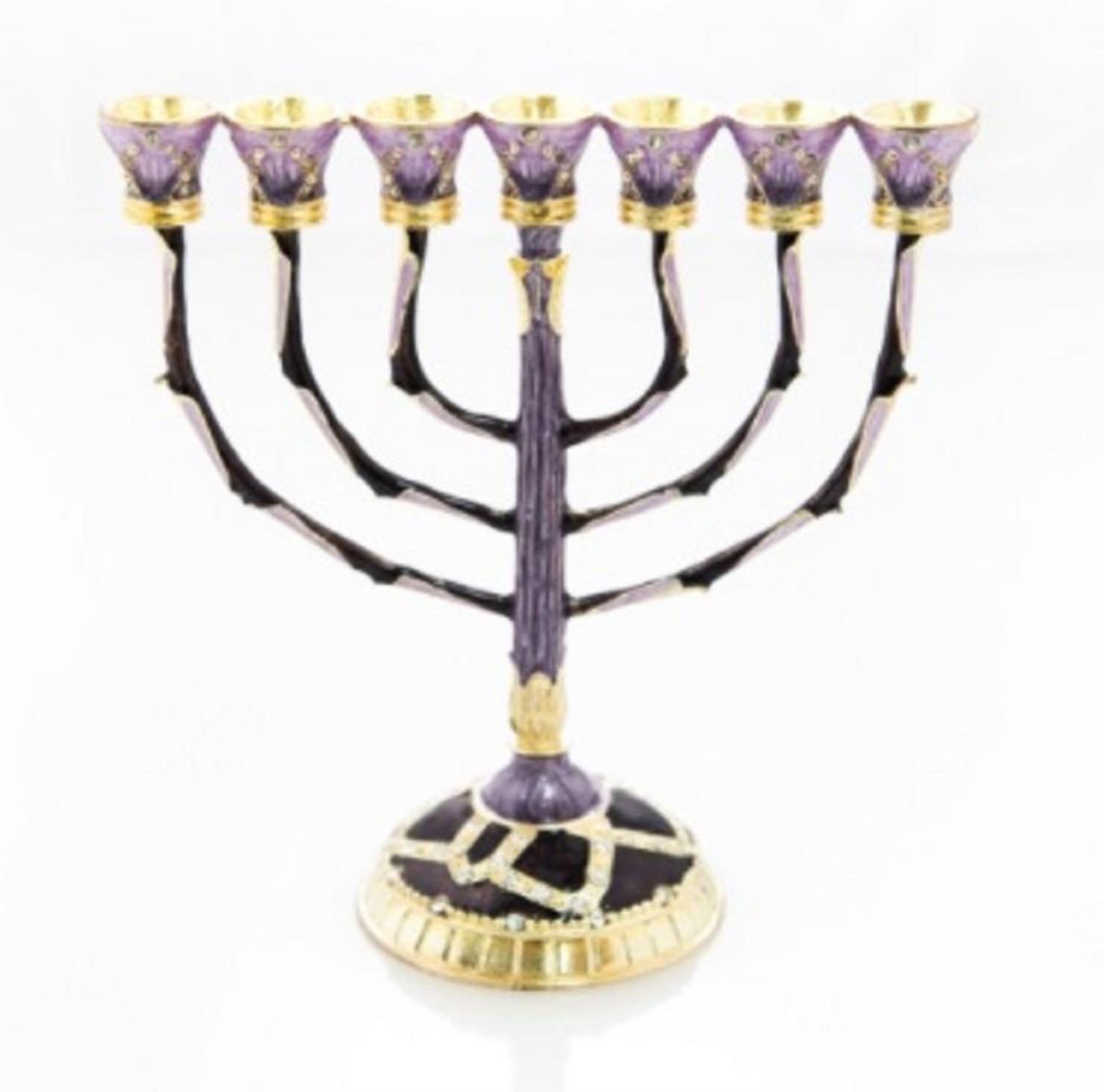 Decorated 7 Branch Menorah Enamel Gold Plated lamp judaica best deluxe gift box - Picture 7 of 17