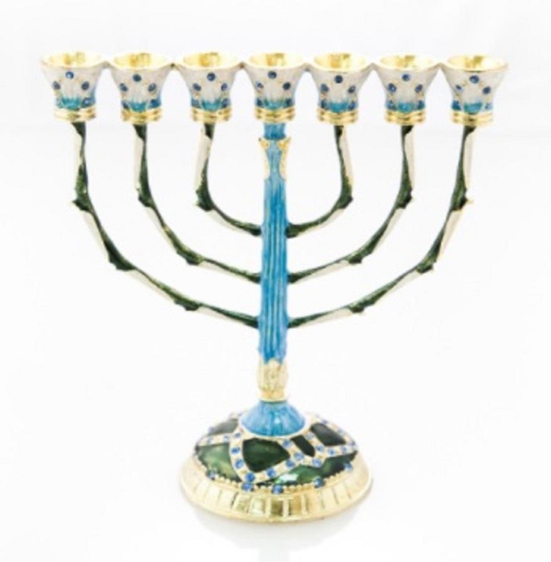 Decorated 7 Branch Menorah Enamel Gold Plated lamp judaica best deluxe gift box - Picture 16 of 17