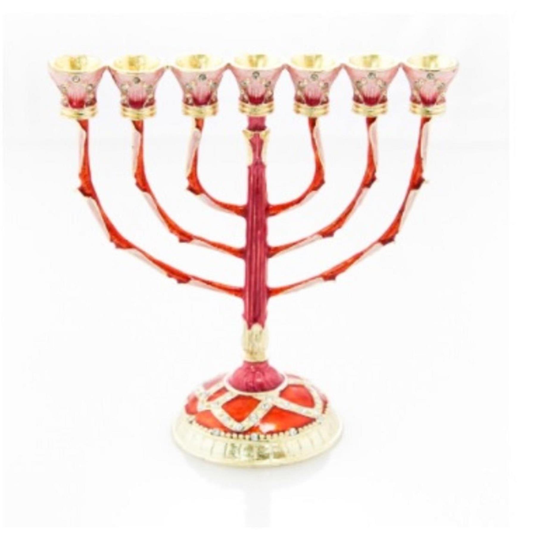 Decorated 7 Branch Menorah Enamel Gold Plated lamp judaica best deluxe gift box - Picture 13 of 17
