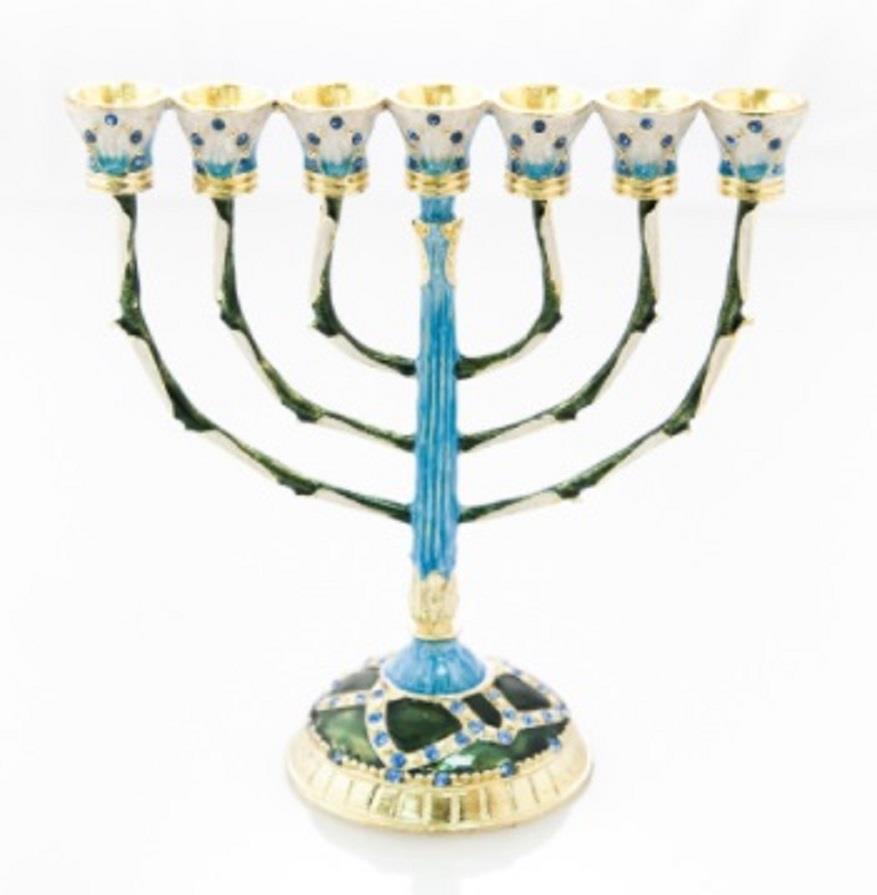 Decorated 7 Branch Menorah Enamel Gold Plated lamp judaica best deluxe gift box - Picture 14 of 17