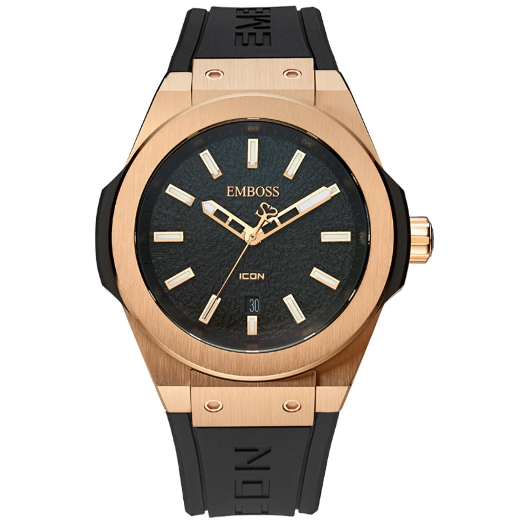 EMBOSS Icon Rose Gold Men's Swiss Watch 45mm with Rubber Strap
