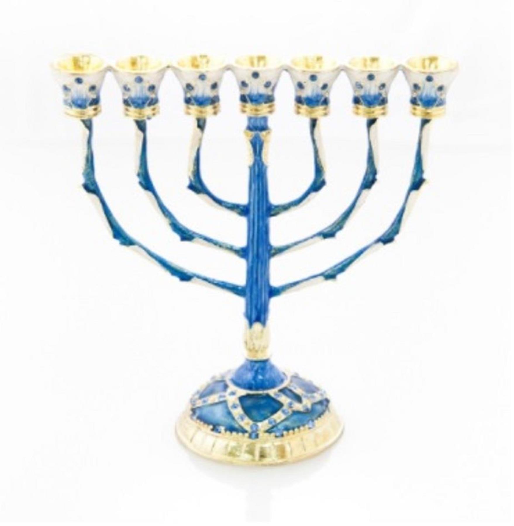 Decorated 7 Branch Menorah Enamel Gold Plated lamp judaica best deluxe gift box - Picture 5 of 17