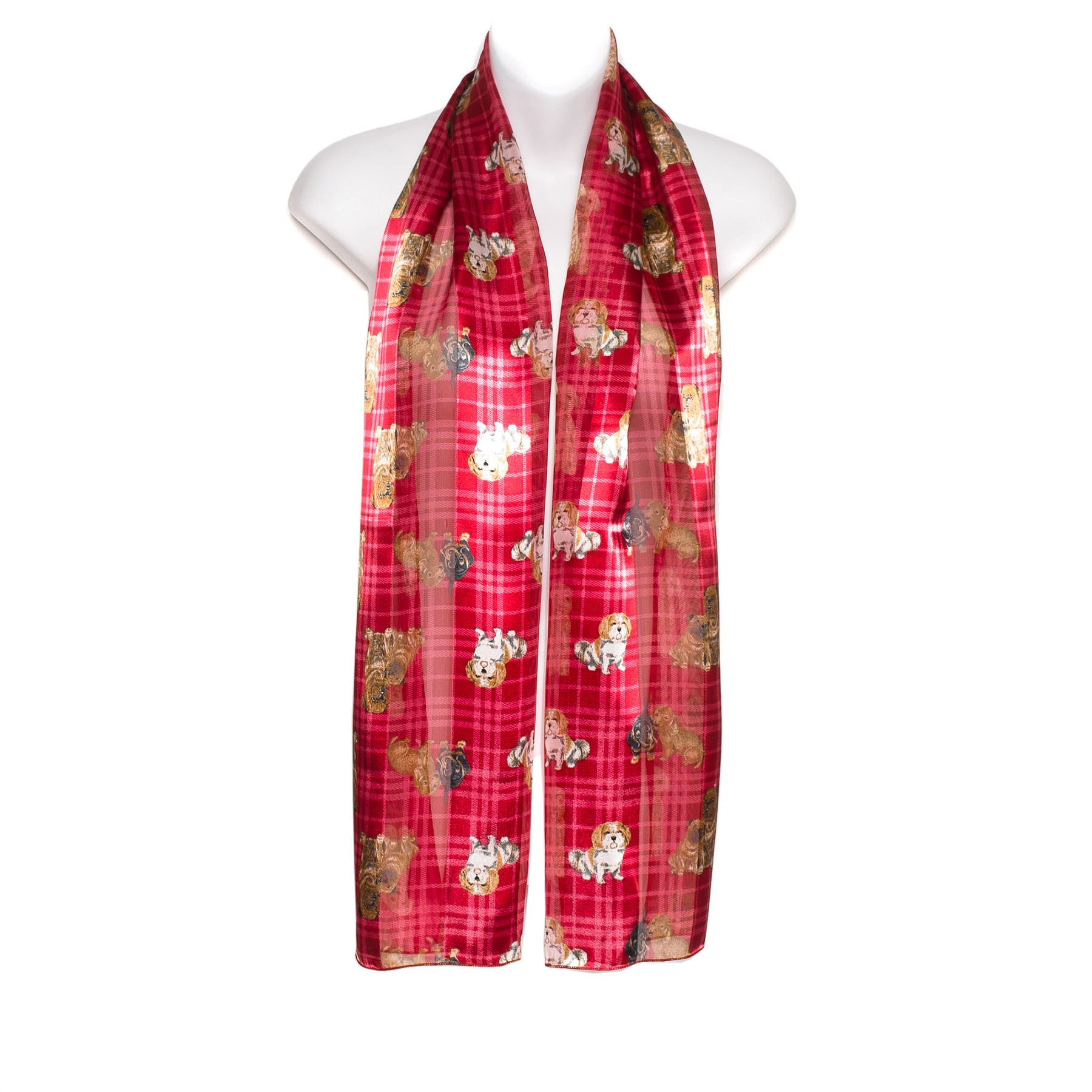 Check Dog Breed Print Chiffon Satin Ladies Scarf